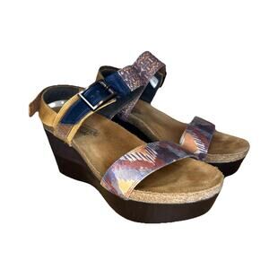 NAOT Women 39 EU 8.5 US Sandals Blue Tan Leather Strappy Wedge Adjustable Buckle